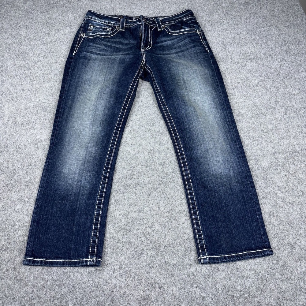 Miss Me Boyfriend Capri Jeans Womens 28 Dark Wash Fleur De Lis Bling Stretch EUC